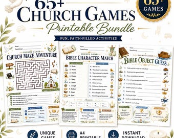 Può includere: Un pacchetto stampabile di oltre 65 giochi per la chiesa che include tre fogli di attività intitolati Church Maze Adventure, Bible Character Match e Bible Object Guess. Le pagine contengono illustrazioni di una colomba, chiesa e croce.