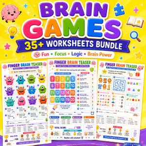 May include: A digital bundle of 35+ brain games worksheets featuring colorful monster illustrations, number keypads, and logic puzzles. The text includes Brain Games, 35+ Worksheets Bundle, Finger Brain Teaser, and various instructional prompts.