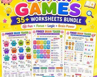 Può includere: Un pacchetto digitale di oltre 35 schede di giochi cerebrali con illustrazioni di mostri colorati, tastierini numerici e puzzle logici. Il testo include Brain Games, 35+ Worksheets Bundle, Finger Brain Teaser e varie istruzioni.