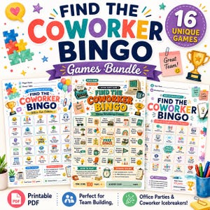 May include: A digital bundle of three Find the Coworker Bingo game sheets featuring colorful graphics, including a gold trophy, balloons, and office icons. The text reads Find the Coworker Bingo Games Bundle, with 16 unique games in a purple circle.