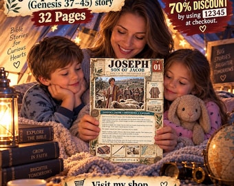 Può includere: Un libretto di storie stampato di 32 pagine intitolato Joseph Son of Jacob, che presenta un'illustrazione centrale di Joseph con pecore, testo descrittivo e piccole immagini inserite di indumenti, un bastone e una mappa su uno sfondo testurizzato.