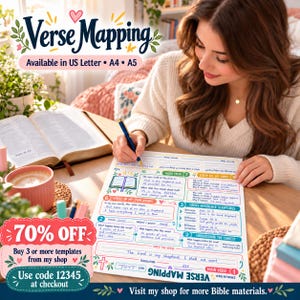May include: A Verse Mapping template printed on white paper with colorful sections for scripture study, including fields for cross-reference scriptures, context, and personal reflection, featuring handwritten text in blue ink.