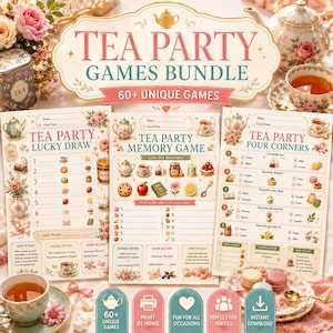 以下が含まれることがあります： Tea Party Lucky Draw、Tea Party Memory Game、Tea Party Four Cornersと題された3枚のゲームシートを含むティーパーティーゲームバンドル。各シートには、花、ティーポット、ティーカップのイラストがパステルカラーで描かれています。
