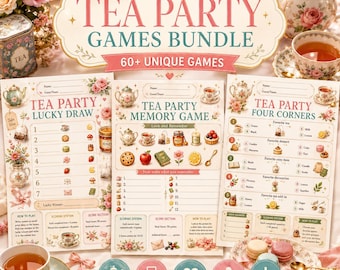 Può includere: Un set di giochi per tea party composto da tre fogli di gioco stampati intitolati Tea Party Lucky Draw, Tea Party Memory Game e Tea Party Four Corners. I fogli sono decorati con illustrazioni floreali, teiere e tazze da tè in colori pastello.