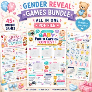 Op de afbeelding: Een gender reveal spellenbundel met drie printbare vellen getiteld Guess Mommy's Cravings, Baby Photo Caption Contest en Baby Memory Match. De ontwerpen bevatten kleurrijke illustraties van babyspullen, teddyberen en camera's.