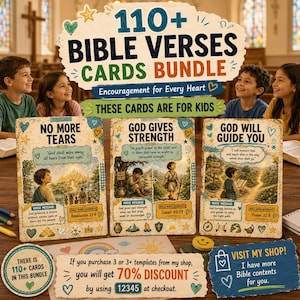 May include: A bundle of 110+ Bible verse cards for kids featuring illustrations and text including No More Tears, God Gives Strength, and God Will Guide You. The cards display various religious messages, verse references, and colorful decorative icons.