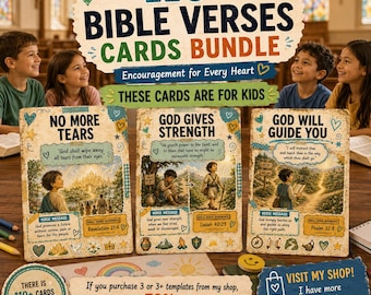 Può includere: Un pacchetto di oltre 110 carte con versetti biblici per bambini con illustrazioni e testo tra cui No More Tears, God Gives Strength e God Will Guide You. Le carte mostrano vari messaggi religiosi, riferimenti ai versetti e icone decorative colorate.