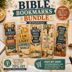 May include: A bundle of 68 Bible bookmarks featuring religious text and illustrations including lions, crosses, open books, and lanterns. The bookmarks have a vintage aesthetic with various inspirational quotes and scripture references printed on them.