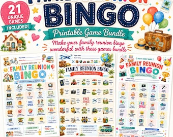 Può includere: Un set stampabile di giochi di bingo per riunioni di famiglia che include tre fogli di gioco distinti con illustrazioni colorate, intestazioni di testo e icone. Il design include una valigia, una fotocamera, un cappello e palloncini.