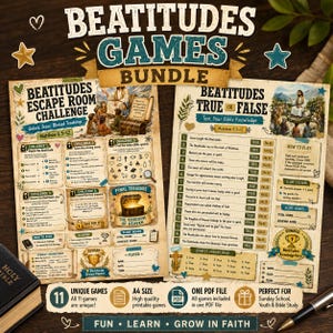 Op de afbeelding: Een Beatitudes-spellenbundel met twee printbare activiteitenbladen. Het linkerblad is een Beatitudes Escape Room-uitdaging met vijf puzzels en een schatkistafbeelding. Het rechterblad is een Bijbelkennisquiz met waar of onwaar.