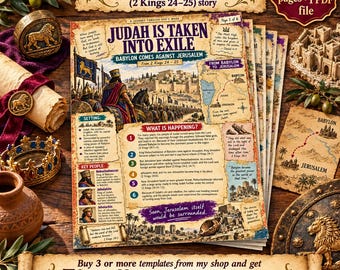 May include: A stack of six A4 pages featuring a Bible study lesson titled Judah Is Taken Into Exile, detailing the Babylon and Jerusalem story with historical illustrations, maps, numbered text points, and key figures from 2 Kings 24-25.