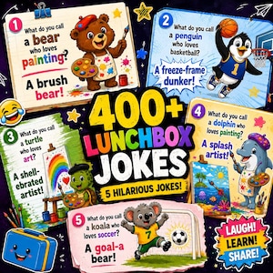 Op de afbeelding: Een verzameling van 400+ lunchboxgrappen met vijf geïllustreerde kaarten met stripfiguren zoals een beer, pinguïn, schildpad, dolfijn en koala. Elke kaart toont een grap met kleurrijke tekst en afbeeldingen op een donkere achtergrond.