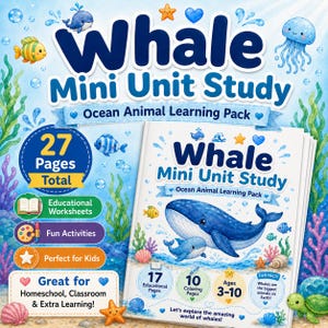 Könnte beinhalten: Ein Whale Mini Unit Study Ozean-Tier-Lernpaket mit insgesamt 27 Seiten, inklusive Arbeitsblättern und Aktivitäten. Das Cover zeigt einen Blauwal, ein Kalb und Meeresbewohner mit Text für Kinder im Alter von 3-10 Jahren und Fakten.