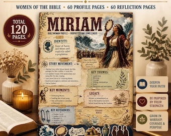 Pode incluir: Um cartaz informativo impresso intitulado Women of the Bible apresentando um perfil de Miriam. O design inclui seções para identidade, história, momentos-chave, temas, legado e referências, com ilustrações de um pandeiro, um pergaminho e um mapa da rota do Êxodo.