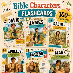 May include: A set of Bible Characters Flashcards featuring over 100 cards. Each card displays a name like David, James, Rachel, Apollos, Naomi, or Mark, accompanied by a colorful illustration, a short descriptive text, and a Bible verse reference.