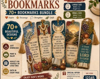 Può includere: Un pacchetto digitale di oltre 70 segnalibri cristiani con immagini religiose, versetti biblici e nappe dorate. Due dimensioni: grande 5,08 cm per 15,24 cm e piccola 3,81 cm per 11,43 cm. I disegni mostrano croci, cuori e scene naturali.