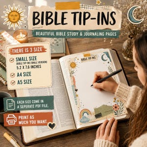 Puede incluir: Un conjunto de Bible tip-ins imprimibles para diario con gráficos celestiales y florales. El producto incluye tres tamaños: pequeño de 13,2 x 19,3 cm, A4 y A5. Las páginas están diseñadas para el estudio bíblico y vienen en archivos PDF.