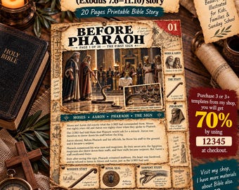 Può includere: Una pagina di storia biblica stampabile intitolata Before Pharaoh, con testo sull'Esodo 7:6-13, un'illustrazione di Mosè e Aronne davanti al Faraone e piccoli riquadri che mostrano un bastone, un serpente e un sigillo reale su sfondo pergamena.