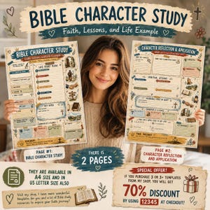May include: A two-page Bible character study template set featuring sections for life story flow, character reflection, and application. The pages include prompts for key verses, spiritual lessons, and final takeaways with decorative illustrations and text.
