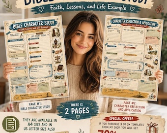 May include: A two-page Bible character study template set featuring sections for life story flow, character reflection, and application. The pages include prompts for key verses, spiritual lessons, and final takeaways with decorative illustrations and text.