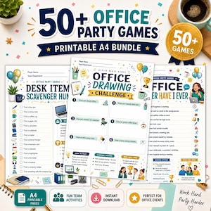 Op de afbeelding: Een printbare A4-bundel met 50+ kantoorfeestspellen, bestaande uit drie spelbladen met de titels Desk Item Scavenger Hunt, Office Drawing Challenge en Office Never Have I Ever. De bladen bevatten kleurrijke illustraties, checklists en puntensystemen.