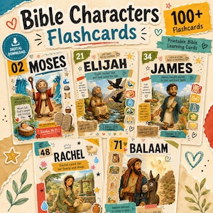 Può includere: Un set di oltre 100 flashcard stampabili sui personaggi biblici con illustrazioni di Mosè, Elia, Giacomo, Rachele e Balaam. Ogni carta mostra un nome, un numero, un testo descrittivo e piccole icone come cuori, stelle e foglie.