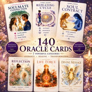 May include: A set of 140 oracle cards featuring six displayed cards titled Soulmate Connection, Repeating Cycle, Soul Contract, Reflection, Life Force, and Divine Message. Each card displays colorful illustrations, descriptive text, and numbers.