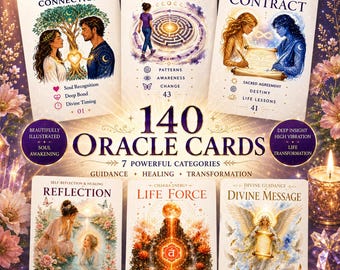 Può includere: Un set di 140 carte oracolo con sei carte mostrate intitolate Soulmate Connection, Repeating Cycle, Soul Contract, Reflection, Life Force e Divine Message. Ogni carta mostra illustrazioni colorate, testo descrittivo e numeri.