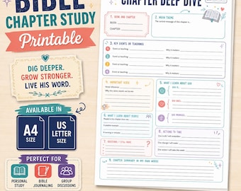 Puede incluir: Una hoja de trabajo imprimible para el estudio bíblico por capítulos con secciones para temas principales, eventos clave, versículos importantes y reflexiones personales. El documento incluye textos, listas numeradas e iconos coloridos.