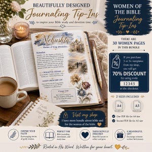 May include: A digital bundle of Women of the Bible journaling tip-ins featuring watercolor illustrations of Nehushta, floral accents, and text detailing her life. The set includes 30 pages in A4 and A5 sizes, with a 70% discount code 12345.