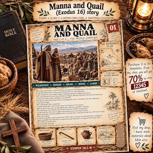 Puede incluir: Una hoja educativa impresa titulada Manna and Quail Exodus 16 story, que presenta una ilustración central de personas en un desierto, un mapa del Wilderness of Sin, texto descriptivo e iconos pequeños de una cesta, un bastón y una vasija de barro.