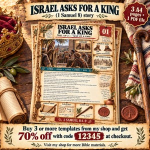 Puede incluir: Un documento educativo imprimible titulado Israel Asks For A King, 1 Samuel 8 story, que incluye texto, ilustraciones de figuras bíblicas, un mapa de Ramah e iconos de un pergamino, un bastón y un sello de arcilla. 3 páginas A4 y 1 archivo PDF.