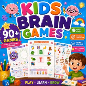 以下が含まれることがあります： Kids Brain Gamesアクティビティブックの表紙。90+ Games、Fun & Educational Activities、Boost Focus、Improve Coordination、Enhance Learning、Make Learning Fun、Play Learn Growのテキストと、脳のカラフルなイラストが描かれています。