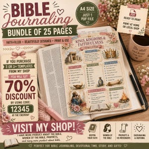 Pode incluir: Um pacote de 25 páginas para diário bíblico em tamanho A4, apresentando uma folha impressa intitulada Kings, Kingdoms & Faithfulness com ilustrações de um templo, coroa e livro aberto, além de texto promocional sobre descontos.