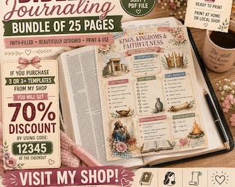 May include: A Bible journaling bundle of 25 pages in A4 size, featuring a printed sheet titled Kings, Kingdoms & Faithfulness with illustrations of a temple, crown, and open book, alongside promotional text about discounts and shop information.
