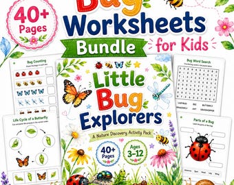 Può includere: Un pacchetto di attività digitali intitolato Bug Worksheets Bundle for Kids e Little Bug Explorers, contenente oltre 40 pagine di schede didattiche sulla natura. La copertina mostra illustrazioni colorate di insetti, fiori e lumache.
