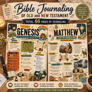 May include: A Bible journaling set featuring 66 pages covering the Old and New Testament. The pages include illustrations of Genesis and Matthew with sections for book snapshots, key themes, journaling prompts, and verse references for study.