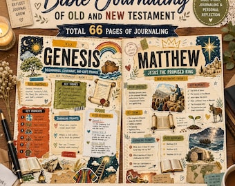 Può includere: Un set di journaling biblico da 66 pagine che copre l'Antico e il Nuovo Testamento. Le pagine includono illustrazioni della Genesi e di Matteo con sezioni per riassunti, temi chiave, spunti di scrittura e riferimenti ai versetti.