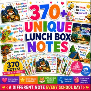 Op de afbeelding: Een verzameling van 370+ unieke lunchboxnotities met kleurrijke illustraties van dieren, natuurscènes en motiverende teksten. De kaarten bevatten berichten zoals Adventure is everywhere when you are curious en Bee happy, bee brave, bee yourself.