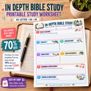 May include: A printable Bible study worksheet featuring seven numbered sections for notes, including Read & Record, Context, Observations, Word Study, Cross-References, Meaning & Application, and Prayer & Reflection, with colourful icons.