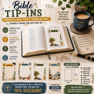 May include: A set of four Bible tip-in pages featuring botanical and landscape illustrations, each measuring 3.76 by 5.39 inches. The collection includes an open Bible, a dark blue mug with text, a spiral notebook, and a black pen on a surface.