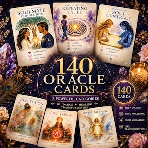 May include: A set of 140 oracle cards featuring illustrated themes like Soulmate Connection, Repeating Cycle, Soul Contract, Reflection, Life Force, and Divine Message. Each card displays unique artwork, titles, and descriptive keywords.