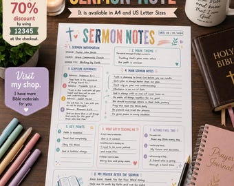 May include: A white paper sermon note template with colourful headers and sections for scripture references, main themes, and prayer. The document features handwritten text, a date field, and decorative icons including a cross, hearts, and a book.