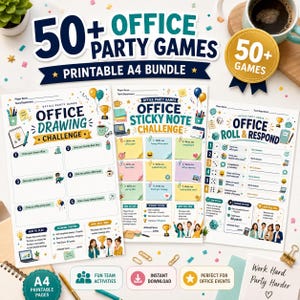 May include: A printable A4 bundle of 50+ office party games featuring three distinct activity sheets titled Office Drawing Challenge, Office Sticky Note Challenge, and Office Roll & Respond, decorated with colourful illustrations of office supplies.