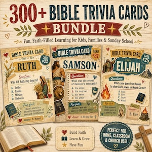 May include: A 300+ Bible Trivia Cards bundle featuring three sample cards for Ruth, Samson, and Elijah. Each card includes a question, multiple-choice answers, a fun fact, and an answer key. The set includes an open book and a wooden cross.
