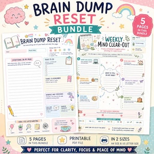 May include: A Brain Dump Reset Bundle featuring five printable pages in A4 and US Letter sizes. The sheets include sections for tasks, reminders, and weekly planning with colorful illustrations of rainbows, clouds, and stationery items.