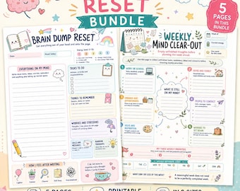 May include: A Brain Dump Reset Bundle featuring five printable pages in A4 and US Letter sizes. The sheets include sections for tasks, reminders, and weekly planning with colorful illustrations of rainbows, clouds, and stationery items.