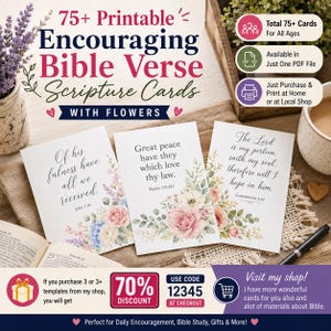Puede incluir: Un conjunto de tarjetas imprimibles con ilustraciones florales y versículos bíblicos. El texto dice 75+ Printable Encouraging Bible Verse Scripture Cards With Flowers, incluyendo versículos como Juan 1:16, Salmo 119:165 y Lamentaciones 3:24.