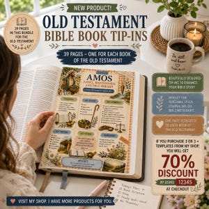 Pode incluir: Um conjunto de 39 encartes para livros da Bíblia do Antigo Testamento, incluindo uma página para Amós com ilustrações de um pastor, balanças e um prumo. A página inclui seções para visão geral, personagens-chave e temas principais.