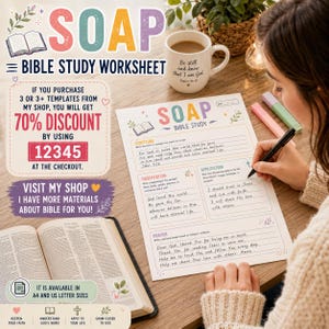 May include: A SOAP Bible study worksheet printed on paper, featuring sections for Scripture, Observation, Application, and Prayer. The worksheet includes colorful headings, a small book icon, and handwritten text. An open Bible and a mug are nearby.